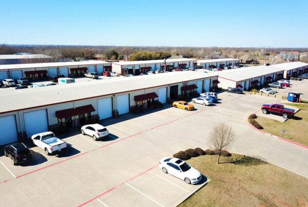 Modern flex space building with roll up doors and handicapped parking