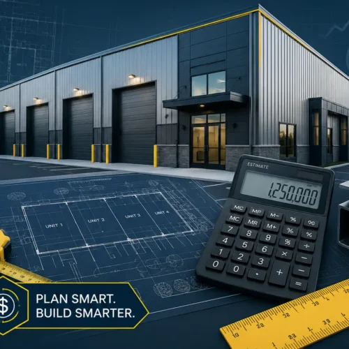 Industrial warehouse with blueprint plans, calculator, and measuring tools in the foreground, captioned 'Plan Smart. Build Smarter.'