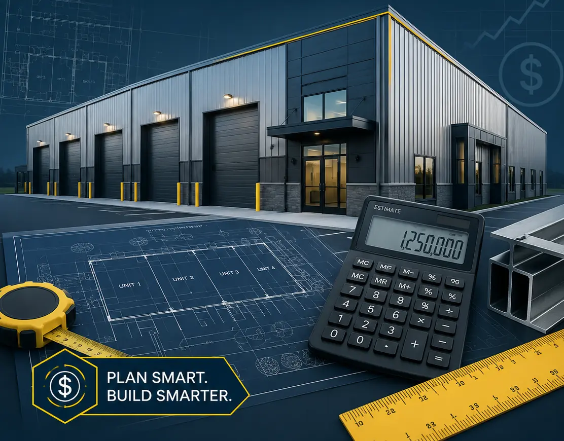 Industrial warehouse with blueprint plans, calculator, and measuring tools in the foreground, captioned 'Plan Smart. Build Smarter.'