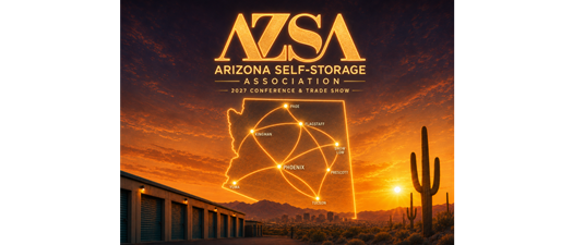 AZSA logo and text promoting the Arizona Self-Storage Association 2027 Conference & Trade Show, with a desert sunset and illuminated network motif in Phoenix.
