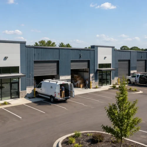 Modern warehouse complex with loading bays; white and blue-gray buildings, vans parked at docks.