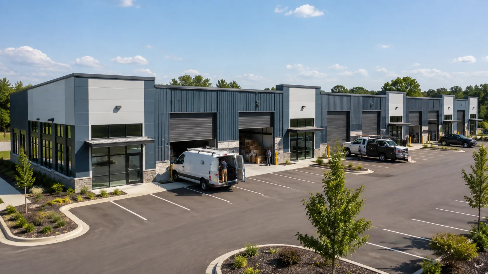 Modern warehouse complex with loading bays; white and blue-gray buildings, vans parked at docks.