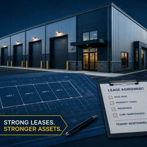 modern flex space building with a floor plan and a lease agreement in the foreground