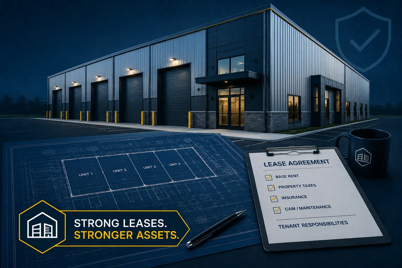 modern flex space building with a floor plan and a lease agreement in the foreground