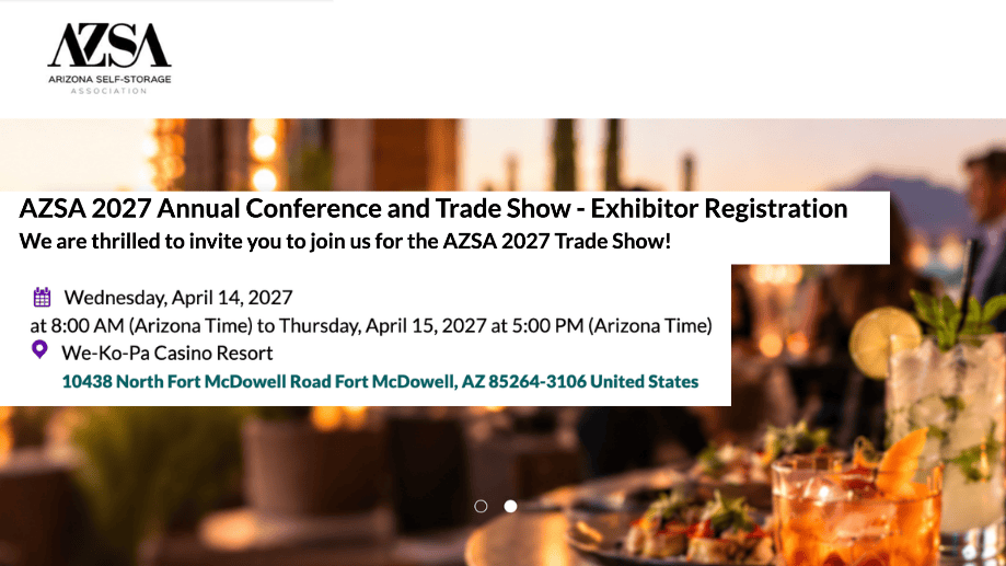 AZSA 2027 Conference and Trade Show invite with date, time, and location details over a blurred image of people networking at an event.