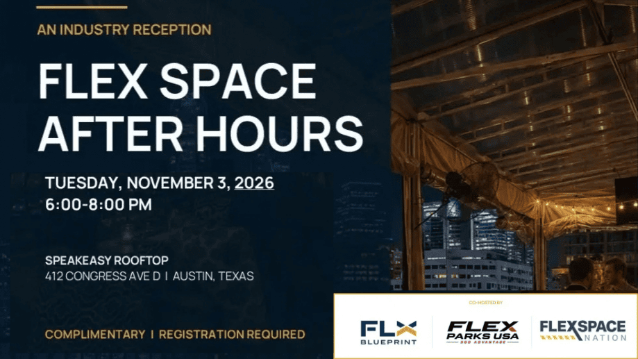 Event flyer for Flex Space After Hours on Nov 3, 2026, 6-8PM at Speakeasy Rooftop, Austin, TX. Includes cityscape, rooftop image, and hosts logos. Complimentary, registration required.