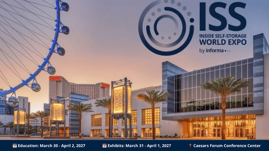 Modern convention center with palm trees at sunset, large ISS World Expo logo overlay, Ferris wheel on the left, banners on the building, and event dates and location listed at the bottom.