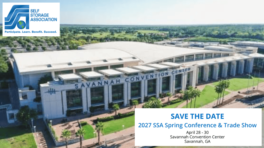 Aerial view of the Savannah Convention Center with Self Storage Association logo and text announcing the 2027 SSA Spring Conference & Trade Show, April 28-30, Savannah, GA.