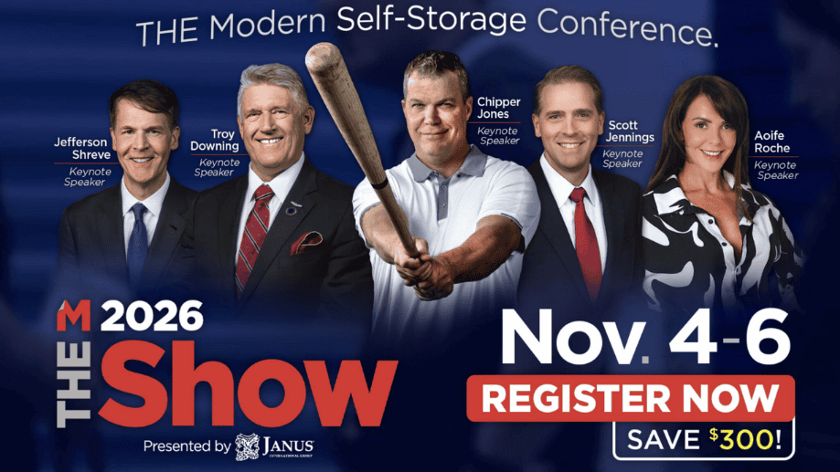 Five keynote speakers stand in front of a blue backdrop advertising The Show conference, Nov. 4–6, 2026. Chipper Jones holds a bat; text urges viewers to register now and save $300.