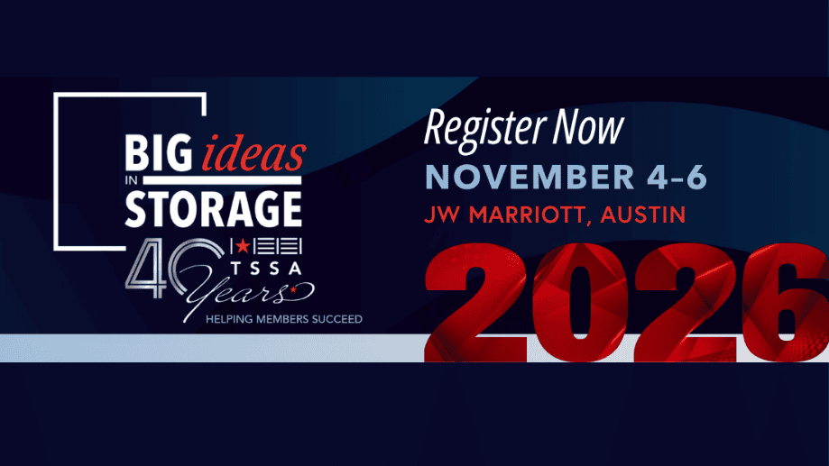 Banner for the Big Ideas in Storage TSSA event, November 4-6, 2026, at JW Marriott, Austin. Features event logo, Register Now, and large red 2026 text.